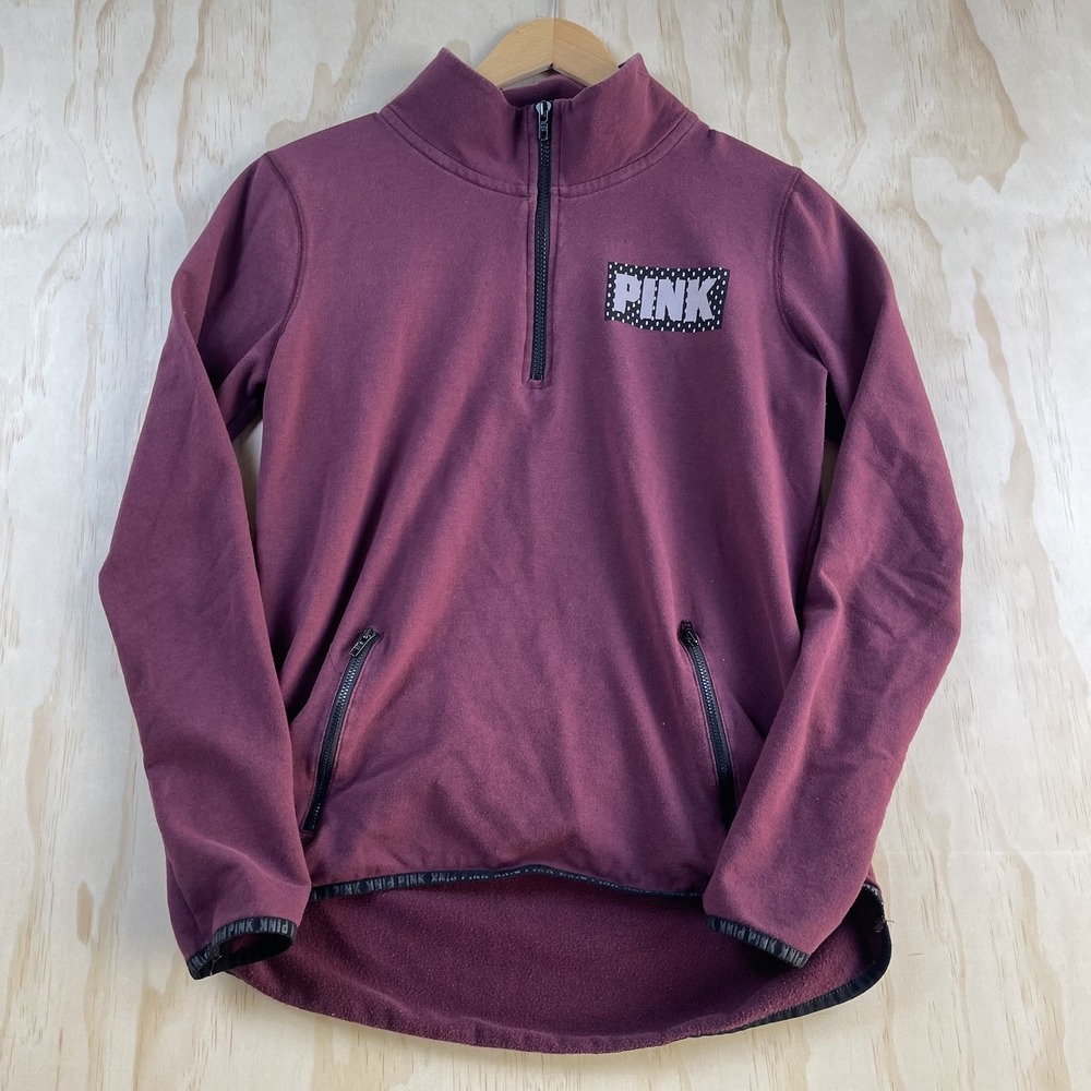 PINK Victoria's Secret Sweatshirt Womens Medium Maroon 1/4 Zip Mock Neck Fleece